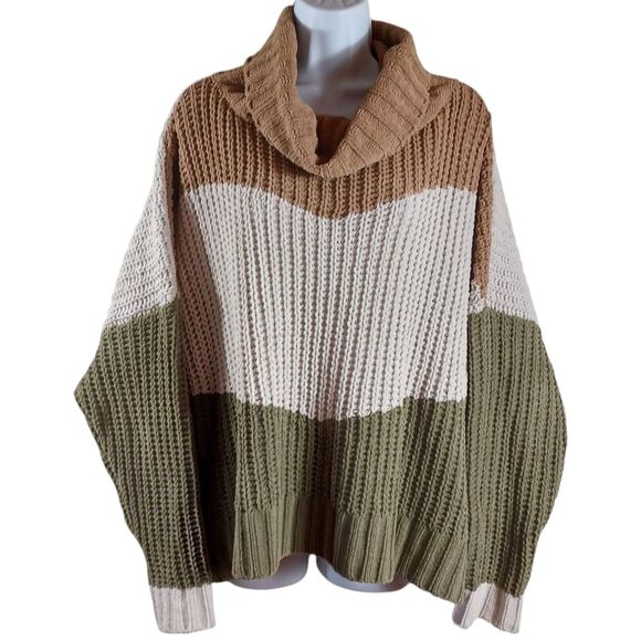 POL Chunky Knit Sz L Colorblock Sage Green Chenille Oversized Cowl Neck Sweater - Picture 1 of 11